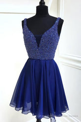 Chiffon A Line Royal Blue Deep V Neck Appliques Sparkle Sleeveless Homecoming Dresses